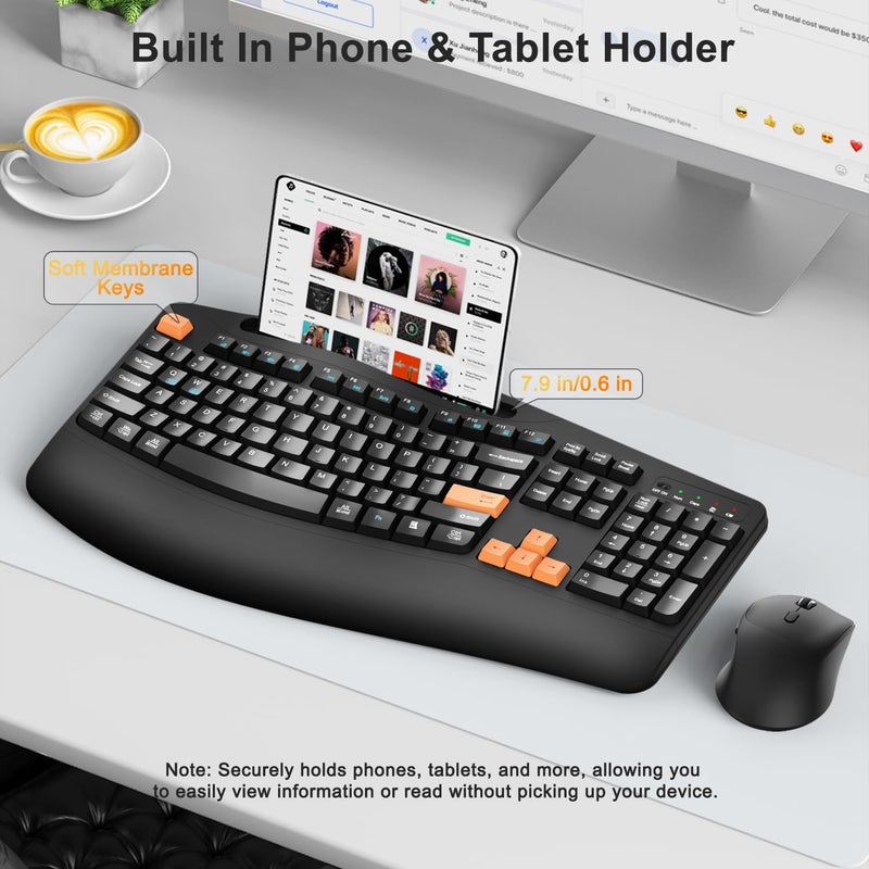 Faadar Wireless Keyboard and Mouse Combo, 2.4G Full Size Wave Keys Ergonomic Keyboard with Wrist Rest, Phone Holder, 3-Level DPI Wireless Silent Mouse with 6-Buttons, for Windows, Mac OS (Orange Black) - Image 3